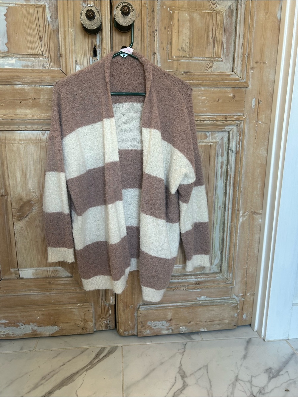 Pink Lily Chunky Striped Open-Front Cardigan - Cream & mauve